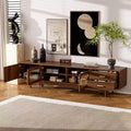 Modern Entertainment Center TV Stand – Glass Doors, Drawers, Solid Wood Legs, Walnut