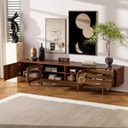 Modern Entertainment Center TV Stand – Glass Doors, Drawers, Solid Wood Legs, Walnut