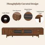 Modern Entertainment Center TV Stand – Glass Doors, Drawers, Solid Wood Legs, Walnut