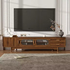 Modern Entertainment Center TV Stand – Glass Doors, Drawers, Solid Wood Legs, Walnut