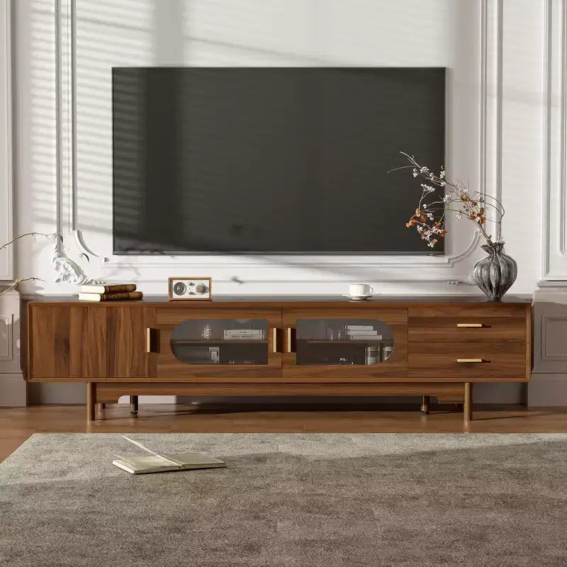 Modern Entertainment Center TV Stand – Glass Doors, Drawers, Solid Wood Legs, Walnut