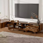 Modern Entertainment Center TV Stand – Glass Doors, Drawers, Solid Wood Legs, Walnut