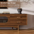 Modern Entertainment Center TV Stand – Glass Doors, Drawers, Solid Wood Legs, Walnut