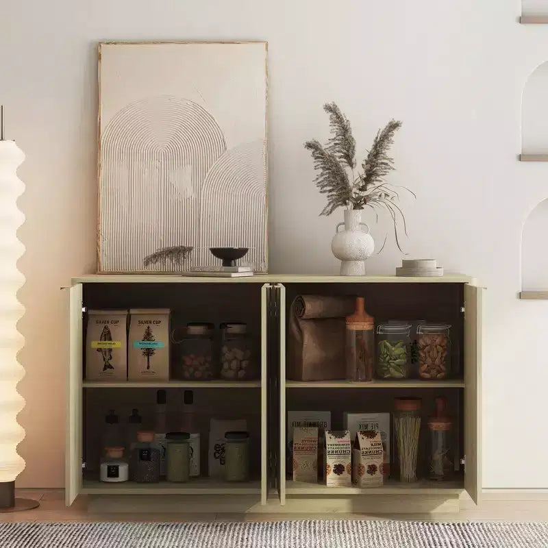 Modern Fluted Storage Buffet Cabinet – 4 Doors, Adjustable Shelves, Sideboard for Dining Room
