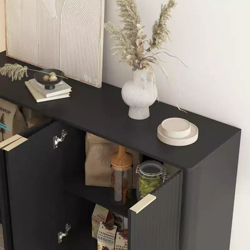 Modern Fluted Storage Buffet Cabinet – 4 Doors, Adjustable Shelves, Sideboard for Dining Room