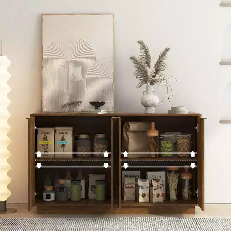 Modern Fluted Storage Buffet Cabinet – 4 Doors, Adjustable Shelves, Sideboard for Dining Room