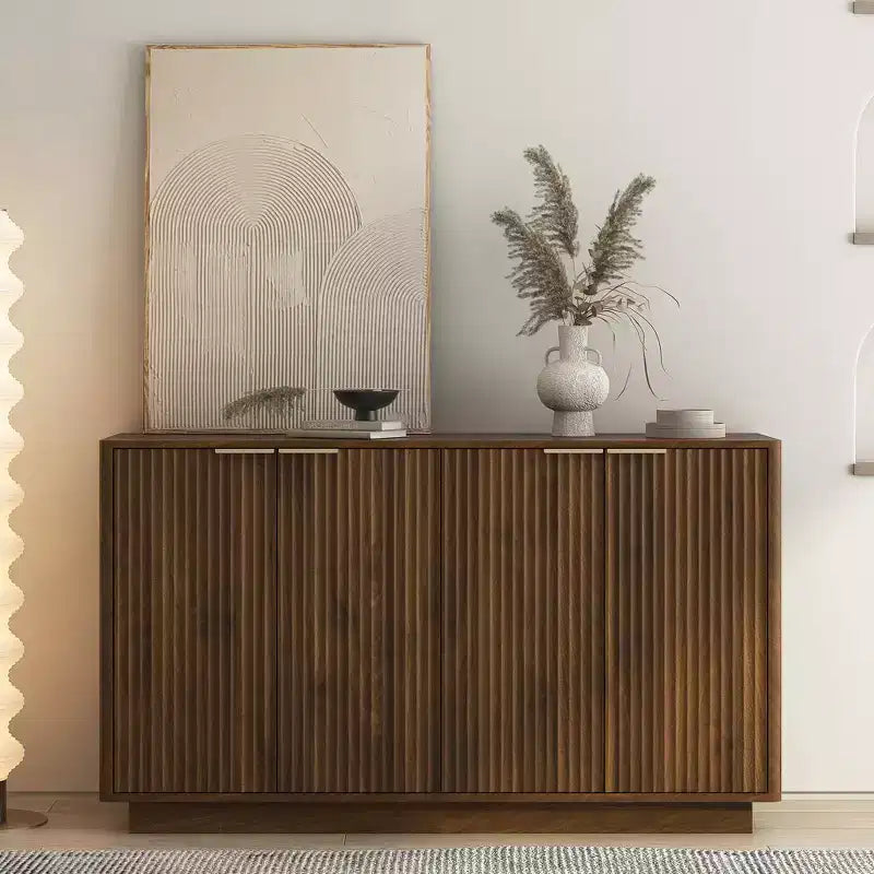 Modern Fluted Storage Buffet Cabinet – 4 Doors, Adjustable Shelves, Sideboard for Dining Room