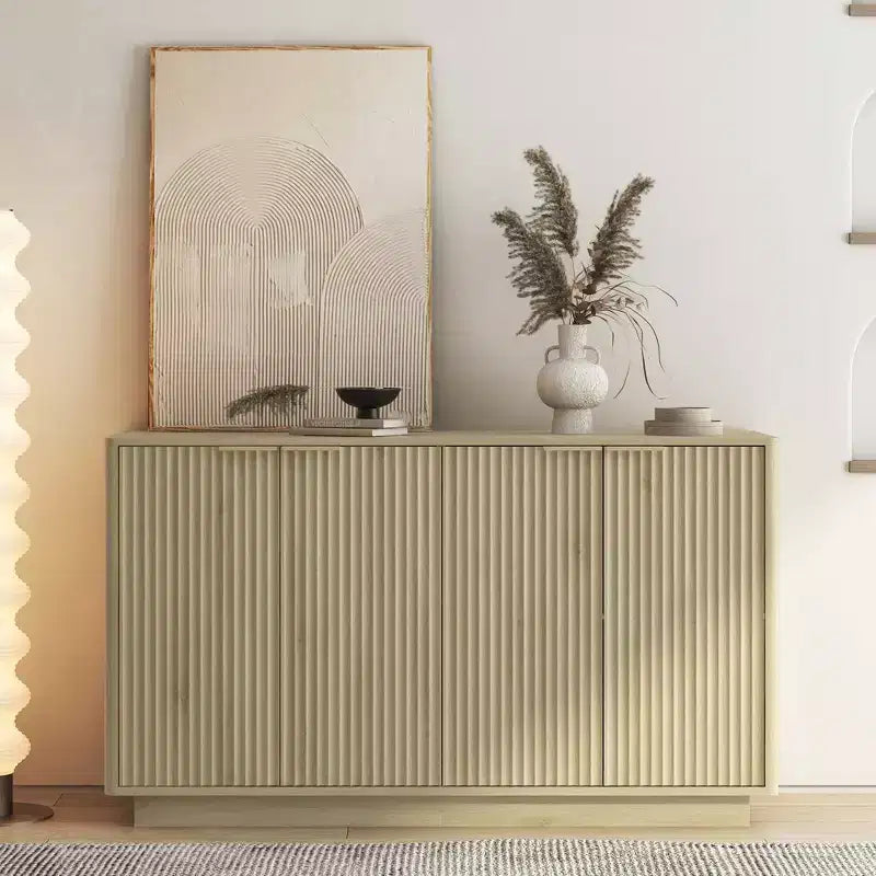 Modern Fluted Storage Buffet Cabinet – 4 Doors, Adjustable Shelves, Sideboard for Dining Room