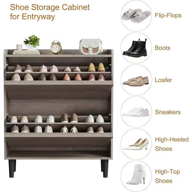 Freestanding Shoe Cabinet – 4 Flip Doors, Adjustable Shelf, Hidden Storage Organizer for Entryway