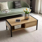 Coffee Table, 40.16 Inch Modern Design  Hidden Compartment & Open Shelf Rattan Panel Metal Legs for Living Room/Office