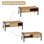Modern Coffee Table – Hidden Compartment, Open Shelf, Rattan Panel, Metal Legs for Living Room