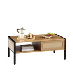 Modern Coffee Table – Hidden Compartment, Open Shelf, Rattan Panel, Metal Legs for Living Room