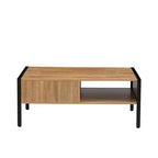 Modern Coffee Table – Hidden Compartment, Open Shelf, Rattan Panel, Metal Legs for Living Room