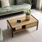 Modern Coffee Table – Hidden Compartment, Open Shelf, Rattan Panel, Metal Legs for Living Room