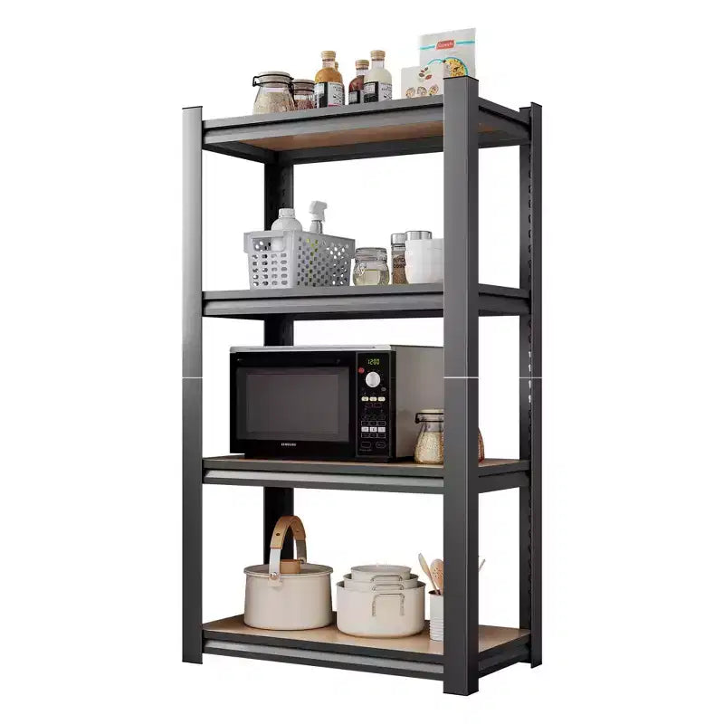 4-Layer Black Storage Rack – Adjustable Height, Wooden Shelf for Kitchen & Garage