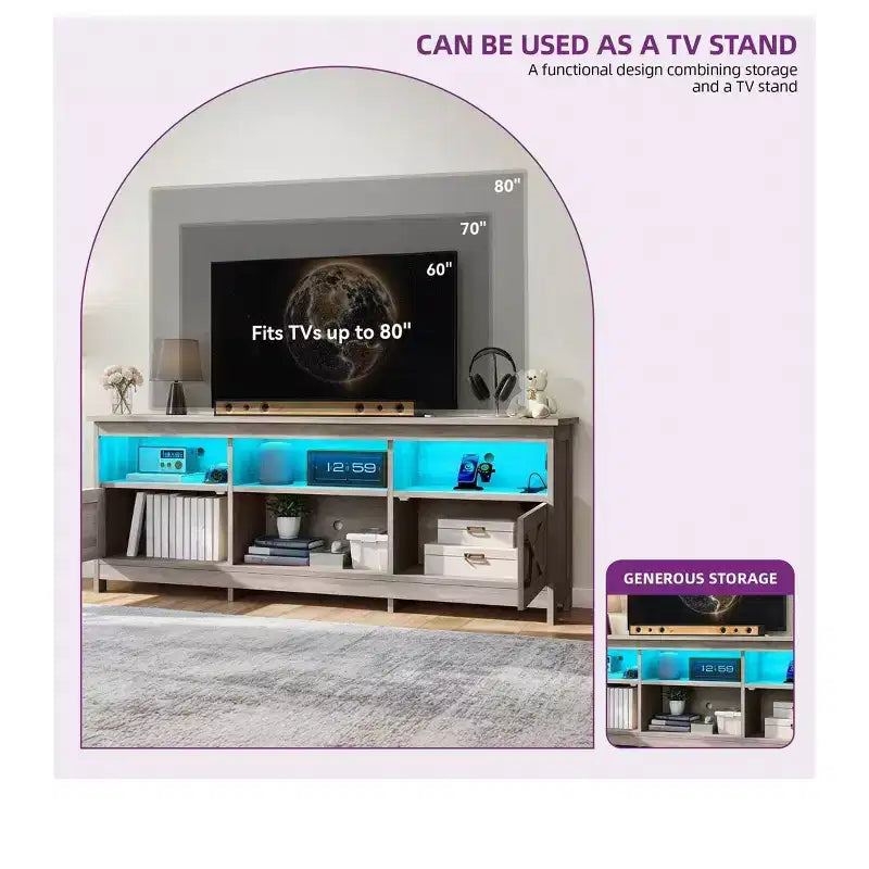 Farmhouse TV Stand with LED Entertainment Center – Storage Cabinets, Open Shelves & Adjustable Shelf