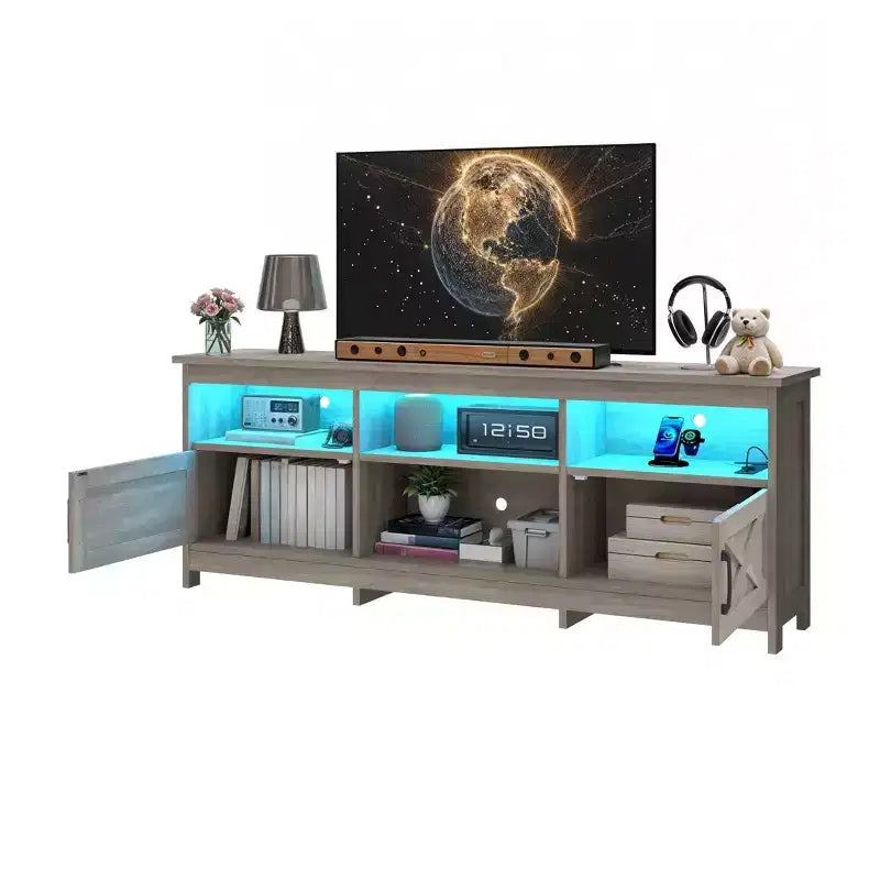 Farmhouse TV Stand with LED Entertainment Center – Storage Cabinets, Open Shelves & Adjustable Shelf
