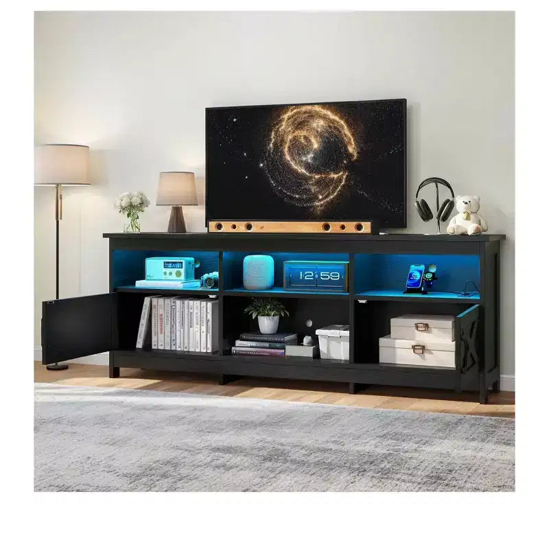 Farmhouse TV Stand with LED Entertainment Center – Storage Cabinets, Open Shelves & Adjustable Shelf