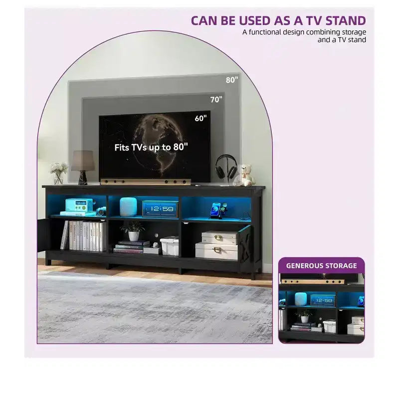 Farmhouse TV Stand with LED Entertainment Center – Storage Cabinets, Open Shelves & Adjustable Shelf