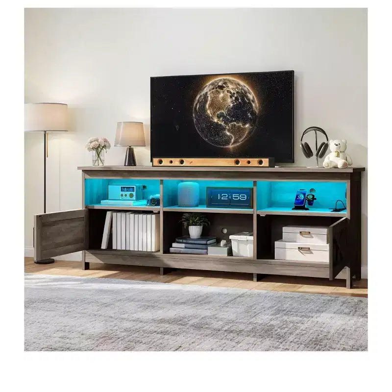 Farmhouse TV Stand with LED Entertainment Center – Storage Cabinets, Open Shelves & Adjustable Shelf