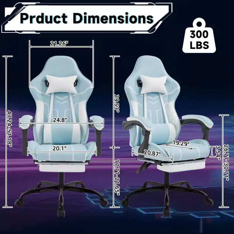 Ergonomic Gaming Chair – Footrest, Lumbar Backrest, Blue, for Living Room & Office