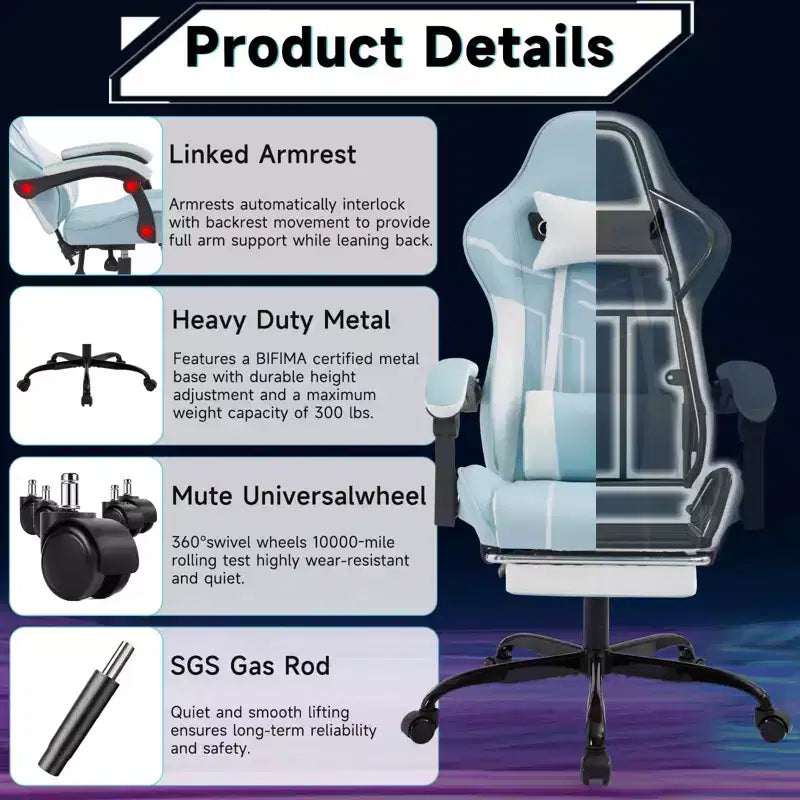 Ergonomic Gaming Chair – Footrest, Lumbar Backrest, Blue, for Living Room & Office