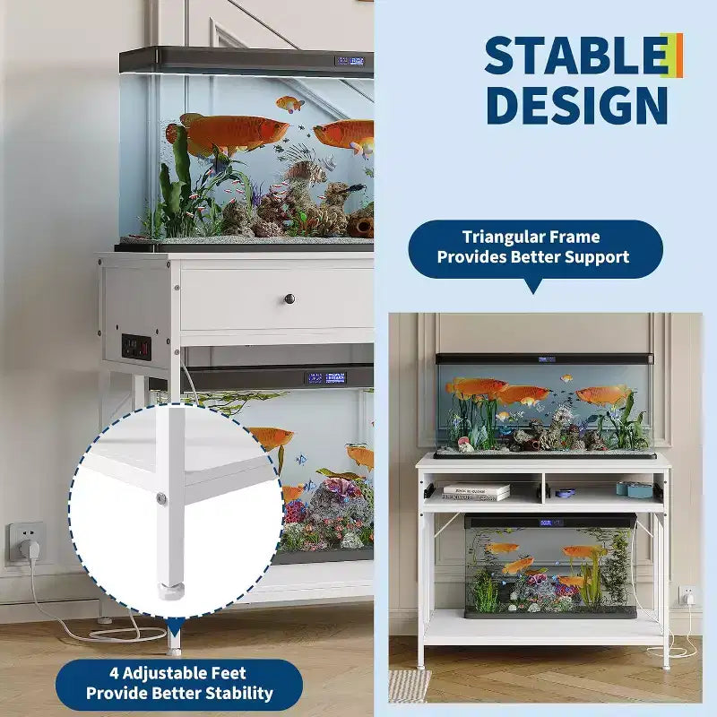 Fish Tank Stand – Outlets, Storage Drawers, Height Adjustable Feet, White, High Capacity