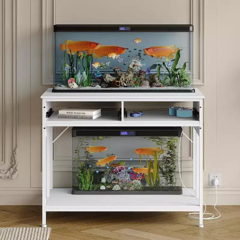 Fish Tank Stand – Outlets, Storage Drawers, Height Adjustable Feet, White, High Capacity