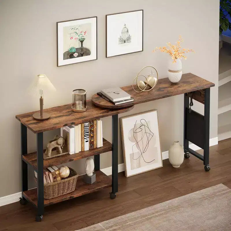 360° Rotating Side Table – Charging Station, Mobile End Table with Wheels & Storage