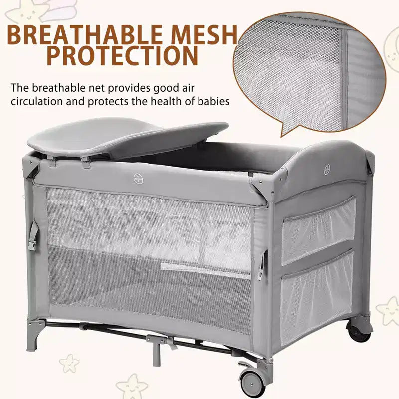 5-in-1 Pack and Play Bedside Sleeper – Bassinet, Diaper Changer, Toy, Portable Crib, Grey