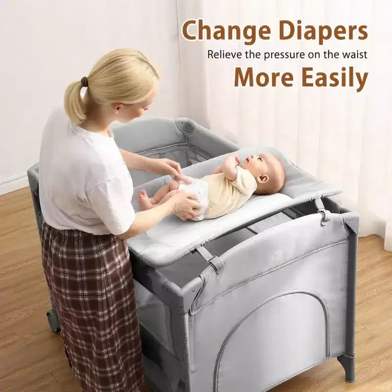 5-in-1 Pack and Play Bedside Sleeper – Bassinet, Diaper Changer, Toy, Portable Crib, Grey