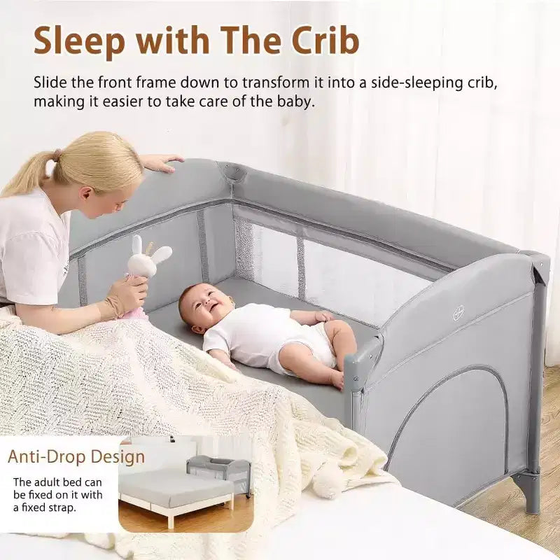 5-in-1 Pack and Play Bedside Sleeper – Bassinet, Diaper Changer, Toy, Portable Crib, Grey