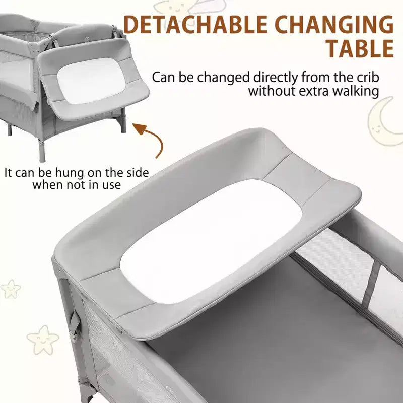 5-in-1 Pack and Play Bedside Sleeper – Bassinet, Diaper Changer, Toy, Portable Crib, Grey