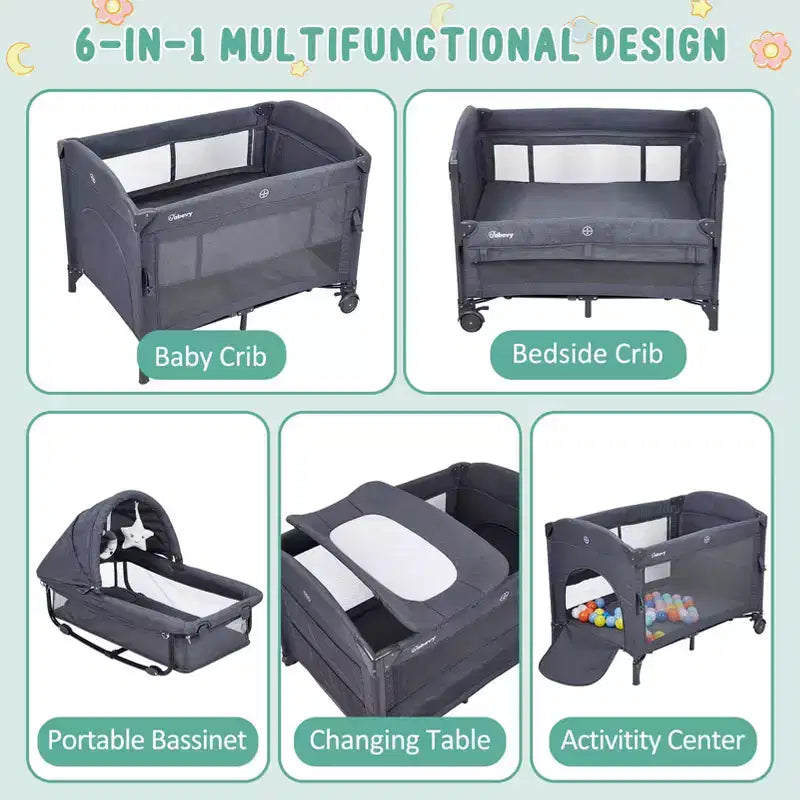 5-in-1 Pack and Play Bedside Sleeper – Bassinet, Diaper Changer, Toy, Portable Crib, Grey