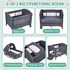 5-in-1 Pack and Play Bedside Sleeper – Bassinet, Diaper Changer, Toy, Portable Crib, Grey