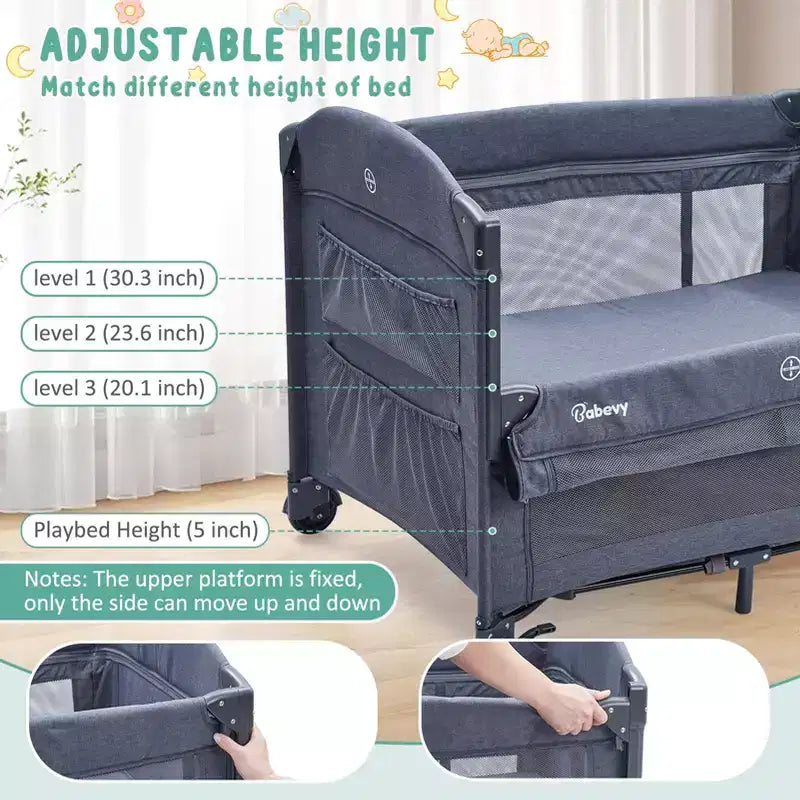 5-in-1 Pack and Play Bedside Sleeper – Bassinet, Diaper Changer, Toy, Portable Crib, Grey