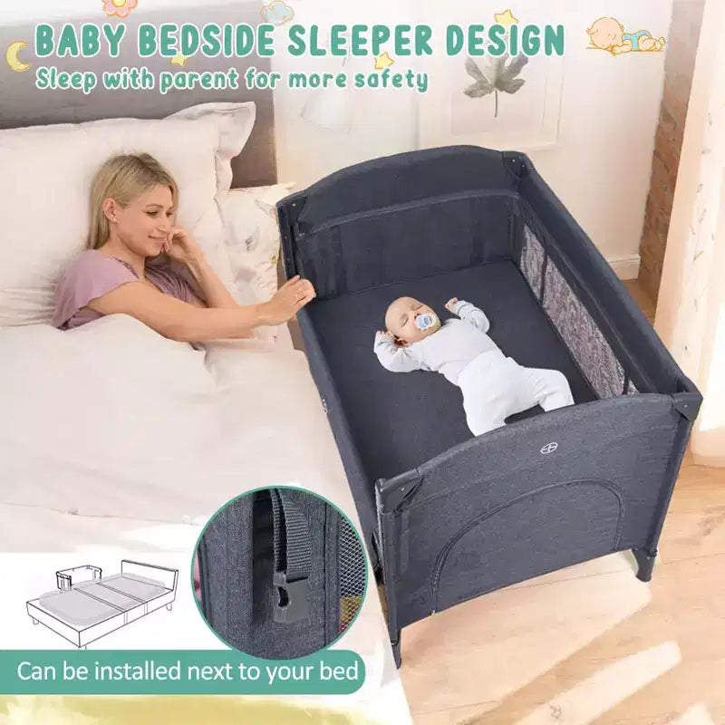5-in-1 Pack and Play Bedside Sleeper – Bassinet, Diaper Changer, Toy, Portable Crib, Grey
