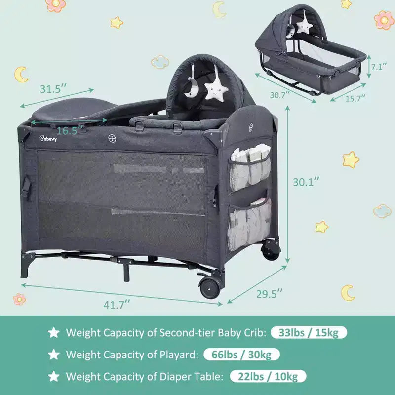 5-in-1 Pack and Play Bedside Sleeper – Bassinet, Diaper Changer, Toy, Portable Crib, Grey