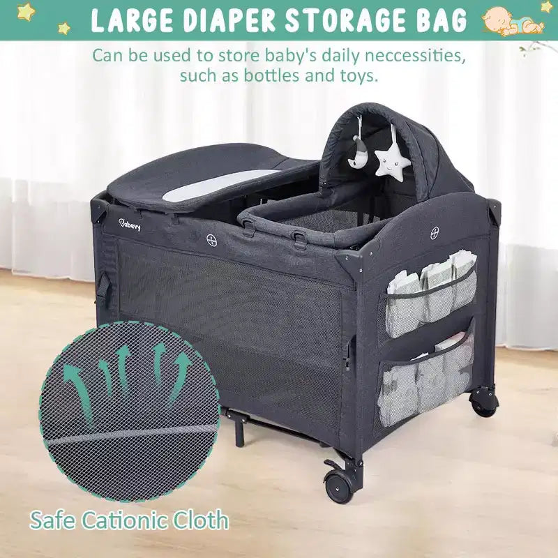5-in-1 Pack and Play Bedside Sleeper – Bassinet, Diaper Changer, Toy, Portable Crib, Grey