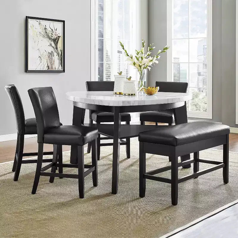 Carrara Marble Top Counter Height Table – White & Black, Modern Dining