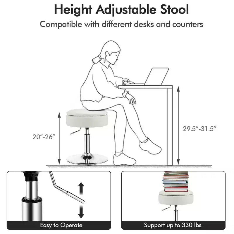 Adjustable Vanity Stool – 360° Swivel, Storage Tray, Set of 3, White/Black/Pink