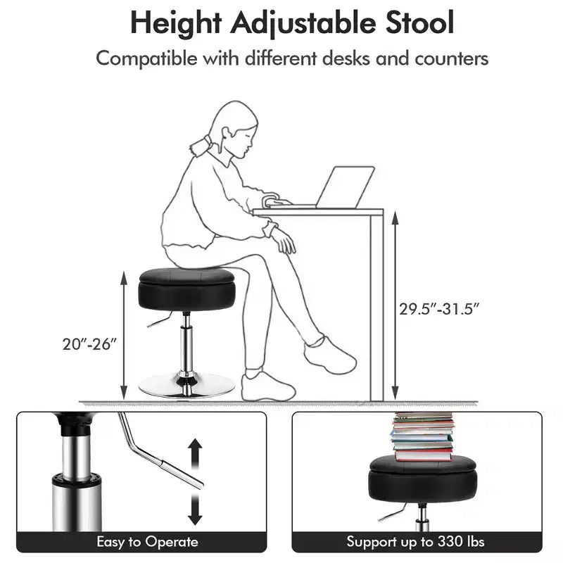 Adjustable Vanity Stool – 360° Swivel, Storage Tray, Set of 3, White/Black/Pink
