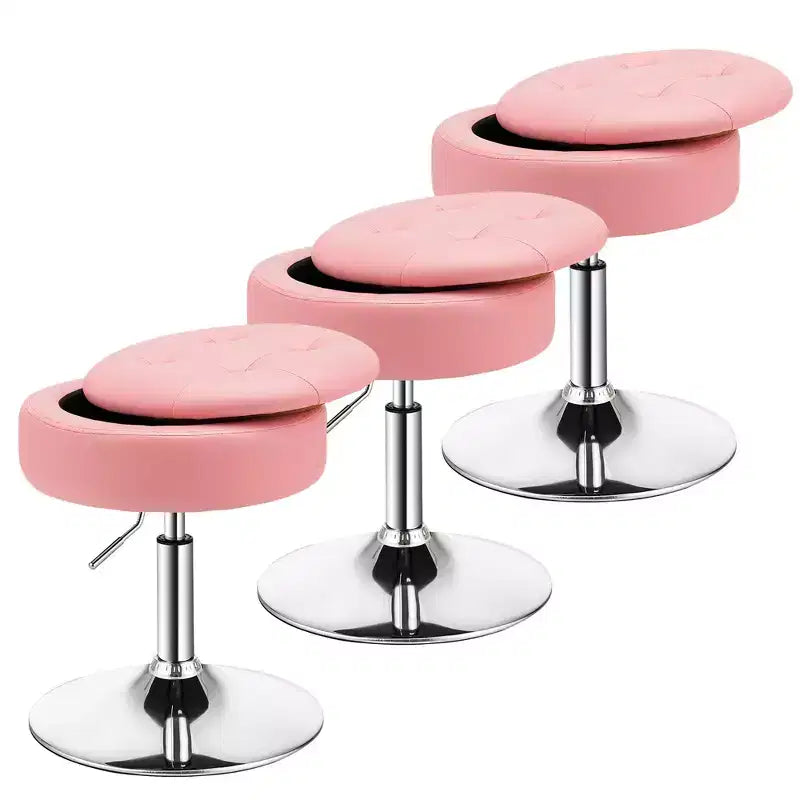 Adjustable Vanity Stool – 360° Swivel, Storage Tray, Set of 3, White/Black/Pink