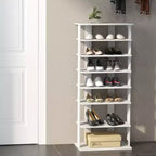 7-Tier Double Row Vertical Wooden Shoe Rack – Rustic White/Brown, Patented Storage Organizer