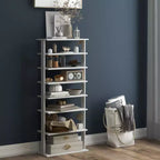 7-Tier Double Row Vertical Wooden Shoe Rack – Rustic White/Brown, Patented Storage Organizer