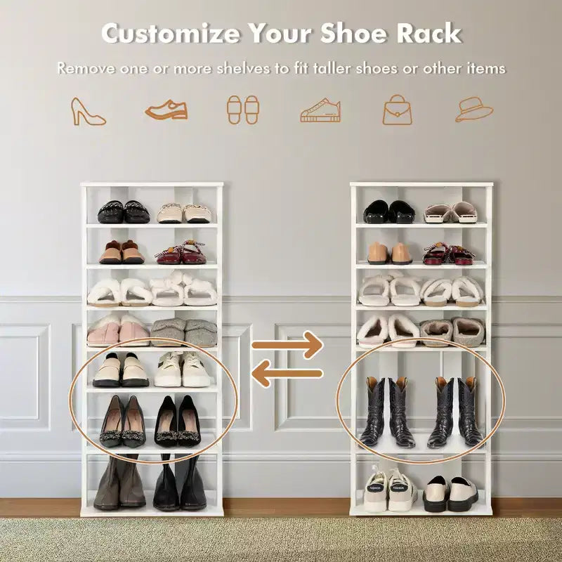 7-Tier Double Row Vertical Wooden Shoe Rack – Rustic White/Brown, Patented Storage Organizer