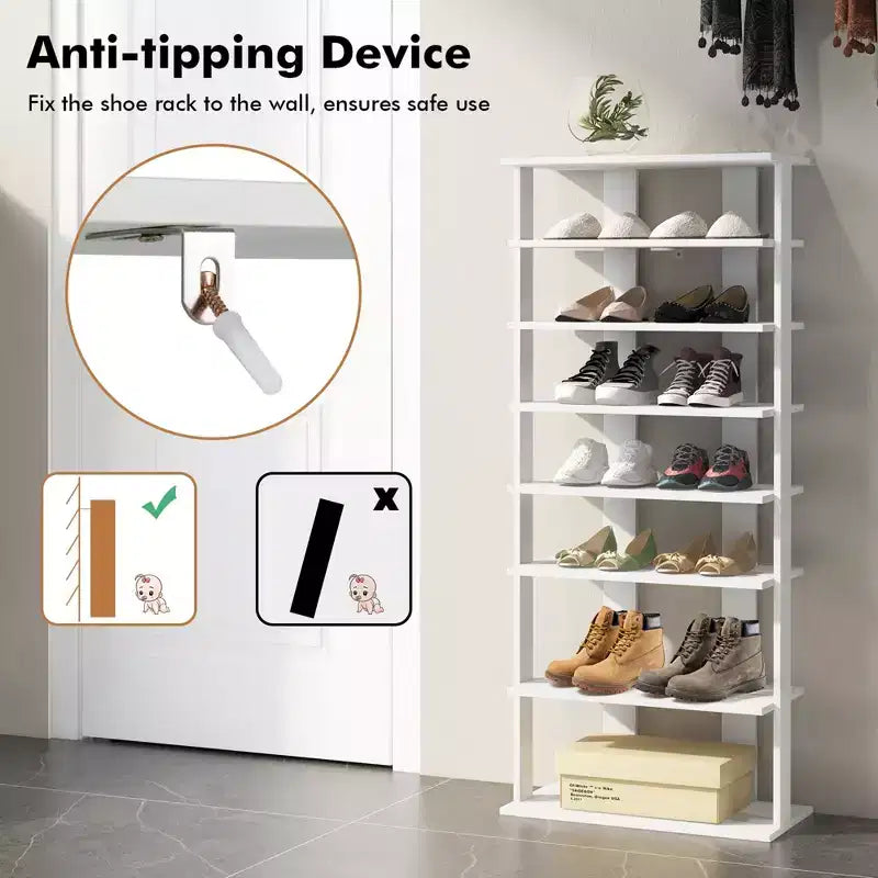 7-Tier Double Row Vertical Wooden Shoe Rack – Rustic White/Brown, Patented Storage Organizer