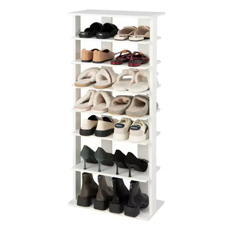 7-Tier Double Row Vertical Wooden Shoe Rack – Rustic White/Brown, Patented Storage Organizer