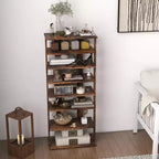 7-Tier Double Row Vertical Wooden Shoe Rack – Rustic White/Brown, Patented Storage Organizer