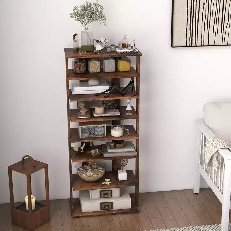 7-Tier Double Row Vertical Wooden Shoe Rack – Rustic White/Brown, Patented Storage Organizer